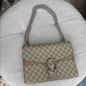 Designer inspired, high end Beige and Brown Shoulder Bag with Silver Chain.